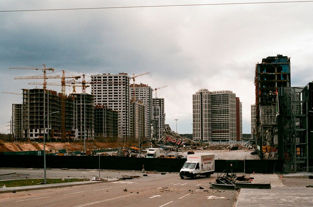 Construction site over a bombed area in Kyiv, Ukraine.